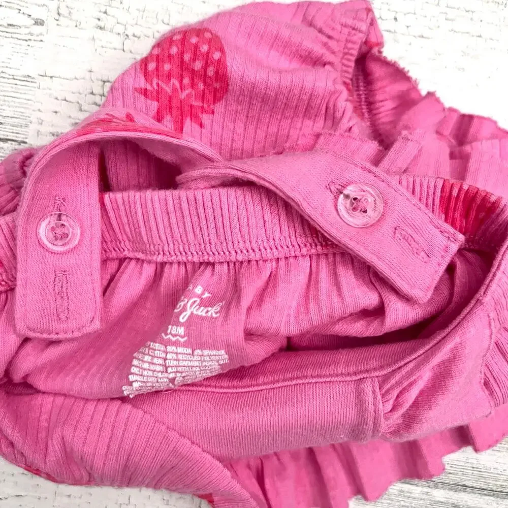 🍄3/$15 Cat & Jack Ribbed Romper Baby 18M Pink Strawberry Print Adjustable Ruffle